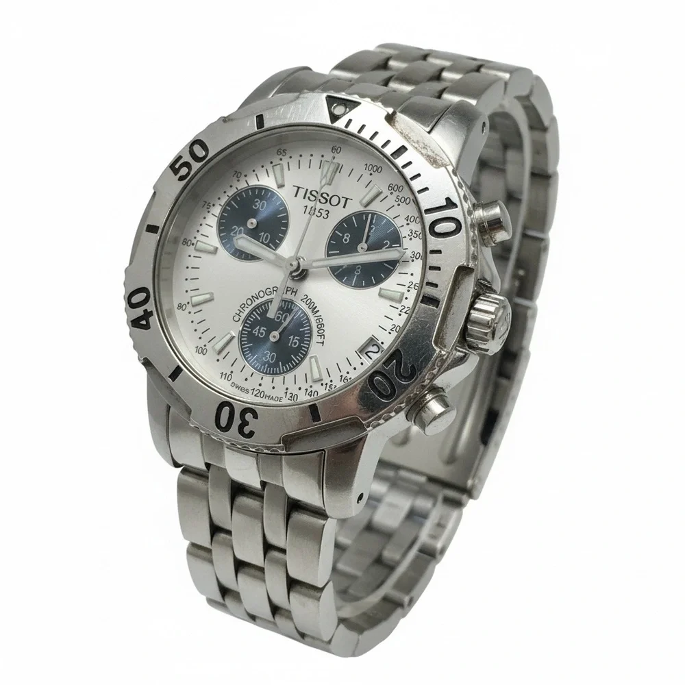 Tissot Silver Watch with White Dial and Dark Blue Subdials - Picture 1 of 8